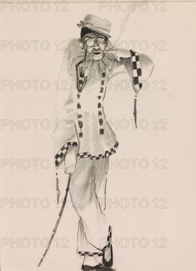 Pierrot with a monocle, sketchbook page, The pierrot holds a burning cigarette between the fingers of his left hand. With his right hand he holds a stick with which he leans on the ground. Page 13 from a sketchbook with 28 pages., draftsman (artist): Otto Verhagen (I), c. 1917 - c. 1919, draftsman (artist), coal, organic material, paper, charcoal stick, charcoal, height 280 mm x width 216 mm, cigarette, types in 'commedia dell'arte': Pierrot, monocle, single lorgnette, A tall pencil sketch of a person wearing a hat and glasses, dressed in a loose garment with a ruffled collar and patterned trim, one arm bent with the hand near the face and the other holding a long cane, shaded areas indicating folds and shadows, with checkerboard-like accents on cuffs and hem and darker shading on footwear.