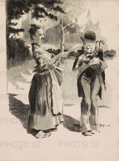 Farmer's wife handing a document to a man with a bowler hat, sketchbook page, The two figures are standing on a path in a rural setting. The woman is holding the document out to the man, who is wearing a suit and bowler hat, has an umbrella tucked under his arm, and is making notes in a small notebook. Page 21 from a sketchbook with 28 pages., signature and date: 'ov 1919.-', draftsman (artist): Otto Verhagen (I), 1919, Otto Verhagen (I), draftsman (artist), inorganic material, paper, chalk, black chalk, height 280 mm x width 216 mm, farmers - AA - female farmer, farmer's wife, road, path, writing tools, head-gear: bowler hat, A charcoal sketch of two people standing outdoors under trees, one a woman in a long dress and apron with her arm extended toward the other, the other a man wearing a bowler hat and suit holding a cane and looking down at something in his hands, with shaded foliage and tree trunks in the background and strong shadowing on the ground.