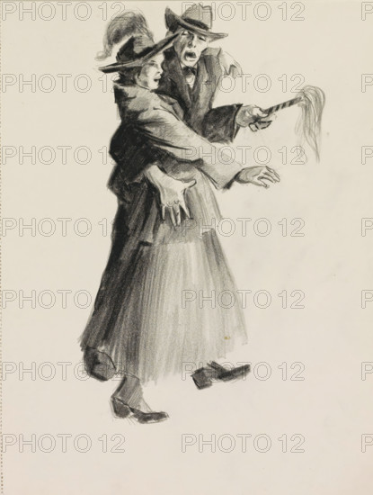 Man with staff and a woman making a startled gesture, sketchbook page, The man is holding a staff with feathers or threads at the end in his left hand and is grasping the woman. She has placed her left hand over the man's shoulder and is making a defensive startled gesture with her right hand. The couple is wearing smart clothing. Page 4 from a sketchbook with 28 pages., draftsman (artist): Otto Verhagen (I), Winschoten, c. 1917 - c. 1919, Otto Verhagen (I), draftsman (artist), inorganic material, paper, chalk, black chalk, height 280 mm x width 216 mm, adult woman, adult man, mouth slightly open, A charcoal drawing of two figures wearing wide-brimmed hats and long coats, shown in a three-quarter view from head to toe; one figure stands slightly behind the other with an arm around the front figure’s shoulders, both faces rendered with open mouths and expressive features, the front figure’s hands extended outward while the rear figure holds a tassel-ended object; shading and strong stro...