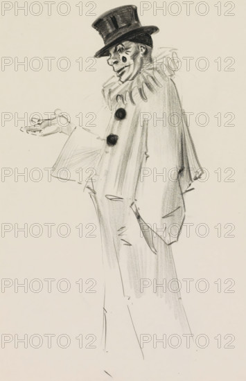 Pierrot with outstretched hand, sketchbook page, Page 6 from a sketchbook with 28 pages., draftsman (artist): Otto Verhagen (I), c. 1917 - c. 1919, draftsman (artist), inorganic material, paper, chalk, black chalk, height 280 mm x width 216 mm, postures and gestures of arms and hands, types in 'commedia dell'arte': Pierrot, A pencil sketch of a clown wearing a tall hat and a ruffled collar, shown in profile from head to mid-thigh, with a smiling face, rounded cheek markings, and darkened eye area; the clown wears a loose, flowing outfit with large dark buttons down the front, an outstretched hand with visible fingers, and subtle shading and sketch lines that define folds and contours of the clothing.