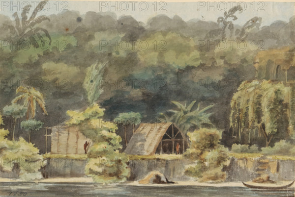 Settlement of the indigenous people at Oeman kondre (former title), Oeman-kondre in the Marowijne, Indian camp, Oeman kondre on the Marowijne river, Album with drawings of Suriname, p.1 (50), watercolour, album page, topographical view, View of some houses in the forest seen from the river., date: '1850', draftsman (artist): Jacob Marius Adriaan Martini van Geffen, Suriname, 1850, draftsman (artist), paint (coating), materials by function, paper, watercolor (paint), pencil, ink, brush, washed ink, height 170 mm x width 260 mm x thickness 20 mm, Marowgne, A watercolor scene showing a shoreline with dense foliage and trees rising behind a grassy bank, a thatched structure with a triangular roof and an open front tucked among bushes, a smaller hut-like building nearby, a few slender palm trees and broad-leaved plants throughout, a weeping tree with hanging foliage on the right, dark layered clouds or treetops filling the upper background, a narrow strip of water in the foreground with a s...