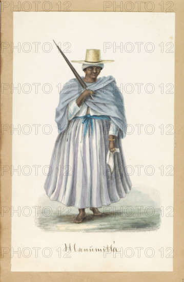 Freed female slave (former title), Manumitted woman, 'Manumittée', Album with drawings of Suriname, p.29 (50), drawing, watercolour, album page, costume study, Surinamese woman dressed in a light blue skirt, white blouse and light blue shawl. She is wearing a straw hat. In her left hand a white handkerchief, in her right hand a black closed parasol or umbrella. She is barefoot. According to the caption she is a manumitted woman, a woman who previously lived in slavery but was 'freed' before the abolition of slavery., inscription: '.', draftsman (artist): Jacob Marius Adriaan Martini van Geffen, Suriname, in or after c. 1850 - in or before c. 1860, draftsman (artist), paint (coating), materials by function, paper, ink, pencil, watercolor (paint), brush, washed ink, height 170 mm x width 260 mm x thickness 20 mm, freedom, slavery, liberation (of an enslaved person), persons of African origin, A full-length watercolor of a dark-skinned woman standing barefoot on a shaded ground, wearing a...