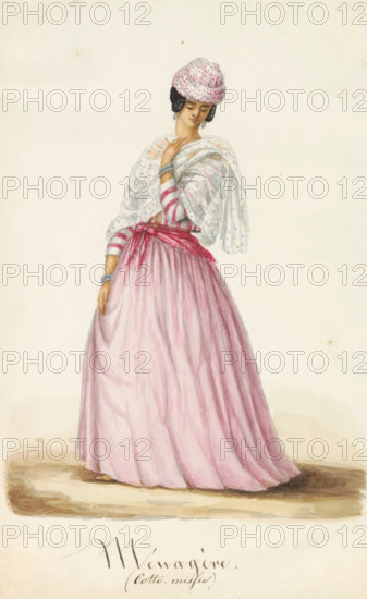 Ménagère (Cotto mission), Young woman in koto misi, Album with drawings of Suriname, p.39 (50), drawing, watercolor, album page, costume study, Young woman in koto misi. The woman wears a pink skirt, a pink and white striped jacket and a pink angisa with dots., draftsman (artist): Jacob Marius Adriaan Martini van Geffen, Suriname, in or after c. 1850 - in or before c. 1860, draftsman (artist), paint (coating), materials by function, paper, ink, pencil, brush, washed ink, height 170 mm x width 260 mm x depth 20 mm, A full-length colored illustration of a woman wearing a flowing pale pink skirt and a lighter shawl with delicate dot patterns draped over her shoulders, her top showing striped sleeves that match the accents on her shawl, a tied sash at her waist in a deeper pink, a soft rounded hat with a dotted pattern, dark hair styled close to her head, bracelets on her wrist, and a demure downward gaze, standing on a softly shaded ground against a plain light background.