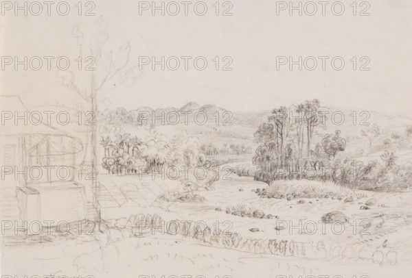 House by a river and landscape in Nanggung, west of Buitenzorg, West Java, drawing, topographical view, inscription: 'Nangong', draftsman (artist): Adrianus Johannes Bik, c. 1816 - c. 1846, draftsman (artist), Java, inorganic material, paper, chalk, sketch in black chalk, height 210 mm x width 305 mm, A wide pencil sketch of a landscape showing rolling hills in the distance and a river or stream flowing through the middle ground with scattered rocks along its bed. Clusters of trees and dense foliage line the water and extend across the plains toward the hills, with several taller, slender trees grouped near the center right. In the left foreground there is a rough structure with vertical and horizontal lines suggesting a building edge and a canopy or roof detail, and a tall tree trunk rises near that structure with loose outlines of branches and leaves. The foreground shows textured ground, low shrubs, and suggested vegetation along a fence or hedge line, and the sky area is mostly bla...