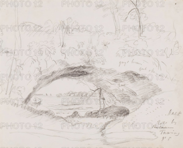View of limestone rock covered with vegetation with a view of the sea, drawing, topographical view, View of limestone rock covered with vegetation with a view of the sea (probably the south coast of East Java) and color indication., inscription: 'kalk, rots by, Tawing, 91 p', draftsman (artist): Adrianus Johannes Bik, East Java, c. 1816 - c. 1846, draftsman (artist), Java, inorganic material, paper, chalk, sketch in black chalk, height 255 mm x width 311 mm, A pencil sketch of a natural scene showing a rocky arch framing a view of water and distant shoreline, with foliage and tree trunks surrounding the arch and scattered bushes and leaves drawn with light, quick strokes, a palm-like plant near the center, textured shading on the rocks and arch, a small boat-like shape near the water beneath the arch, and additional rough vegetation and ground lines extending to the edges of the page.