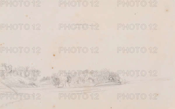 Landscape, Java, drawing, topographical view, Landscape with a sketch of a roof in the middle at the top, Java., inscription: 'Tjoeroek Lontar on the land of Tji-Ampea by Buitenzorg', draftsman (artist): Adrianus Johannes Bik, c. 1816 - c. 1846, draftsman (artist), paper, pencil, pencil sketch, height 193 mm x width 312 mm, A wide pale sheet with faint pencil sketches across the lower portion, showing a gently rolling landscape of trees and shrubs rendered with light pencil shading, a small shelter with a triangular roof nestled among the trees, a cluster of foliage on a slight rise at left with a few simple structural outlines, and faint horizontal lines suggesting ground planes and distant hills, with a small, lightly sketched triangular roof shape higher up toward the center and scattered small discoloration marks on the paper.