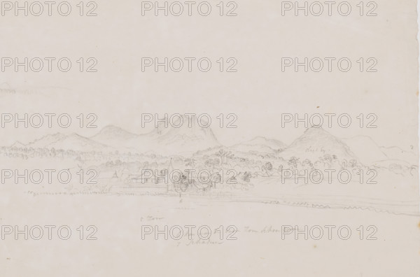 View of village and mountain landscape, Java, drawing, topographical view, annotation, draftsman (artist): Adrianus Johannes Bik, c. 1816 - c. 1846, draftsman (artist), paper, pencil, pencil sketch, height 258 mm x width 332 mm, A wide horizontal pencil sketch showing a distant mountainous horizon with jagged peaks and rounded hills, a scattering of trees and tree clusters across the midground, and a small rural settlement in the foreground with simple building outlines, roofs, a fence, and sparse vegetation, all rendered lightly on a pale sheet of paper.