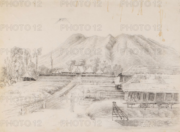 View of mountain and settlement, with sheds for coffee or tea, West Java, drawing, topographical view, draftsman (artist): Adrianus Johannes Bik, Java, c. 1816 - c. 1846, draftsman (artist), inorganic material, paper, chalk, black chalk, height 231 mm x width 321 mm, A pencil sketch showing a wide mountainous backdrop with textured slopes, trees clustered at the mountain base, and a small group of peaked-roof buildings set behind a low wall and gate; in the foreground there are fences and a pathway leading toward the gate, a thatched-roof structure with an open veranda and figures near it, simple shelters and trees along the left side, a small pavilion among foliage, and an elevated rail-like frame on the ground; the sky area is mostly empty with a small indistinct flying insect drawn near the top and faint stains at the upper edge.
