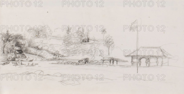 River landscape, Java, drawing, topographical view, draftsman (artist): Adrianus Johannes Bik, c. 1816 - c. 1846, draftsman (artist), inorganic material, paper, chalk, sketch in black chalk, height 173 mm x width 330 mm, A wide pencil sketch of a riverside landscape showing rolling hills with clusters of trees and bushes, shaded and textured with short strokes, a small building with arches and a sloped roof near the water, a tall flagpole beside the building with a waving flag, a simple pier or bridge structure extending toward the water, scattered rocks and stones along the shoreline, faint indications of water and ripples, and various light sketch lines suggesting distant vegetation and terrain.