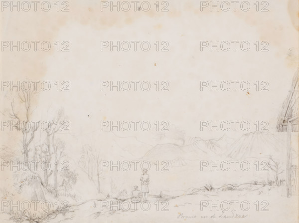 View of Mount Bromo in the Tengger Mountains and the Sand Sea, East Java, drawing, topographical view, Two Javanese in the foreground, annotation: 'Bromo and the Sand Sea', draftsman (artist): Adrianus Johannes Bik, 1822-01-03, draftsman (artist), Java, paper, pencil, pencil sketch, height 209 mm x width 275 mm, overseas history, A faint pencil landscape on aged paper shows distant hills and a volcanic cone rising on the right, with soft, cloudlike shading above the ridgelines. In the foreground a standing figure and a seated figure face the distant view near a gently sloping path, with sparse grasses and low shrubs underfoot. To the left a cluster of tall, leafed trees with textured trunks and branches frames the scene, while to the far right the slanted edge of a thatched roof and beams appears. The paper has light stains and small foxing marks across its surface and subtle pencil smudges and erased lines throughout.