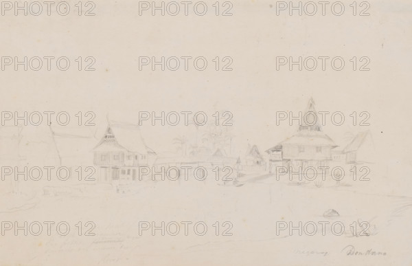 View of Tondano, North Celebes, drawing, topographical view, annotation: 'negorij Dondano, op Manado', draftsman (artist): Adrianus Johannes Bik, c. 1821 - c. 1824, draftsman (artist), Celebes, paper, pencil, sketch in pencil, height 237 mm x width 373 mm, A faint pencil sketch on pale paper showing a riverside scene with several stilted wooden houses and buildings with steeply pitched and ornamented roofs, narrow walkways and small bridges connecting structures, a cluster of tall slender palm trees rising behind the buildings, a small boat with a seated figure on the water, another tiny boat near the shore, and a lone standing figure on the bank, all rendered with light delicate lines and soft shading.