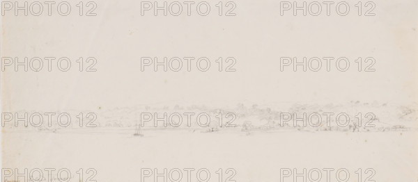 View of Kupang from the sea, Timor, drawing, topographical view, annotation: 'koupang, Island of Timor', draftsman (artist): Adrianus Johannes Bik, North Celebes, 1821, draftsman (artist), Celebes, paper, pencil, height 181mm x width 405mm, A wide horizontal pencil sketch showing a shoreline across the lower portion of the page with small buildings and trees along the coast, a few clusters of low hills behind the trees, a small sailing boat anchored in the water near the center, another small boat closer to the left shore, faint indications of rocks or jetties by the water, and an otherwise empty expanse of pale paper occupying the upper area.