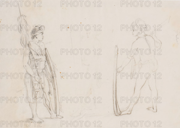 Figure study of two warriors, Southeast Moluccas, drawing, one in full regalia with spear and shield, the other with loincloth, shield and sword (kléwang), in the middle a vague third figure and on the right part of a head in profile., annotation, draftsman (artist): Adrianus Johannes Bik, South Moluccas, 1824, draftsman (artist), Moluccas, paper, pencil, pencil sketch, height 190 mm x width 289 mm, A light pencil drawing on aged paper shows three standing figures rendered with varying levels of detail; on the left a person wearing a wrapped head covering and layered garments stands barefoot holding a long vertical object with flowing tassels and a second long slender item, with patterned fabric visible on the lower clothing and a side profile face turned right; in the center a faintly sketched figure holds a tall rectangular object in front of their body, their head also wrapped and their facial features lightly indicated; on the right a more defined figure is shown from a rear three-...
