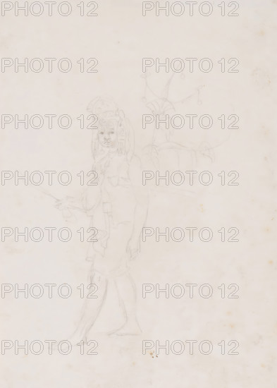 Figure study of a champion (orang berani) of Timor, drawing, annotation: 'Champion of Alor(?) =Timor', draftsman (artist): Adrianus Johannes Bik, Timor, c. 1821-04, draftsman (artist), Nusa Tenggara, paper, pencil, pencil sketch, height 275 mm x width 192 mm, A faint pencil sketch on aged paper depicting a standing figure facing forward with visible facial features and long hair topped by a rounded headpiece, wearing layered clothing with draped fabric and a sash, one arm extended holding a thin rod or staff and the other arm relaxed by the side, with bare feet and legs shown in a walking stance; to the figure's side a lightly drawn plant-like structure rises with curved leaves and dangling round shapes, and the paper shows small spots and areas of discoloration.