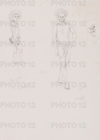Two Alfurs and a detail of an ear, drawing, Figure study of two Alfurs from the island of Dullah, Kai Islands, Southeast Moluccas, right detail of an ear with ear ornaments., draftsman (artist): Adrianus Johannes Bik, South Moluccas (possibly), 1824, draftsman (artist), Moluccas, paper, pencil, height 280 mm x width 197 mm, A light pencil sketch on pale paper shows two standing figures and a partial circular design; on the left a smaller figure with curly hair stands in profile facing right, wearing a small garment at the waist and holding a patterned rectangular object, with bare feet and a relaxed posture; toward the center-right a taller figure stands facing forward with one hand on a hip and the other hanging relaxed, wearing draped cloth at the waist and with visible chest and bare feet, hair also curly and voluminous; on the far right a faint roughly circular outline contains a small decorative element with curved shapes; the page shows faint smudges and light pencil marks scatte...