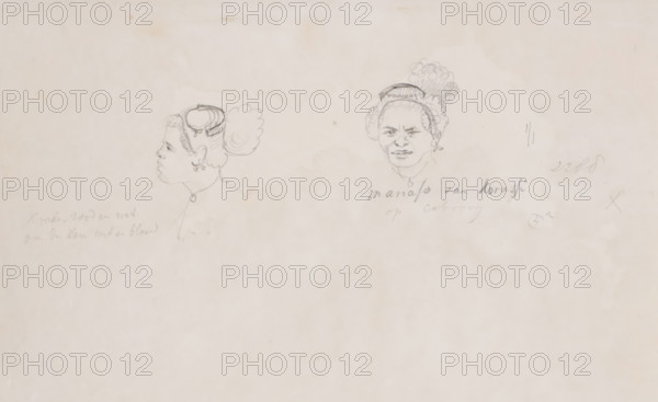 Portrait study from two sides, of an Alfur (Papuan type) from the island of Kobroor, Aru Islands, Southeast Moluccas, drawing, annotation: 'beads red and white, around the comb white and blue, manafo? of Borassi, on Cobrooy', draftsman (artist): Adrianus Johannes Bik, South Moluccas, c. 1824-04-01 - c. 1824-04-28, draftsman (artist), Moluccas, paper, pencil, height 221 mm x width 319 mm, A pale sheet with two pencil portrait sketches near the top center, one in profile facing left showing a person with curly hair pulled into a bun and a circular earring and a simple round necklace, and the other a frontal view of a person with a rounded face, detailed facial features, and hair gathered into a textured bun with a band; faint pencil marks and light smudges surround the sketches on the otherwise empty background.