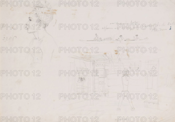 Sketches of Alfurs and an interior, Aru Islands, South Moluccas, drawing, topographical view, Three sketches: a) portrait of an Alfur, b) barge with Alfurs from the island of Goram (Gorong), c) interior of a house with a statue of a god, Afara on the island of Workai., annotation: 'at b: Alfurs from Gorong near Wokkan at the bato, Bandera?, at c: idol', draftsman (artist): Adrianus Johannes Bik, 1824, draftsman (artist), Moluccas, paper, pencil, pencil sketch, height 217 mm x width 300 mm, A faint pencil drawing on pale paper shows a left-facing bust of a person wearing a wrapped head covering, rendered with delicate shading and contour lines, alongside a long narrow boat carrying several seated figures sketched lightly above a rough outline of a wooden structure with posts, shelves, and stacked objects, and a simplified standing figure with legs apart in front of the structure; the page has scattered small smudges and spots.