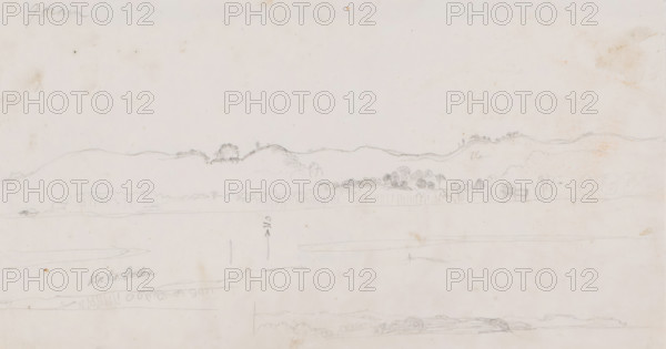 View of the island of Gorom (or Gorong), Central Moluccas, drawing, topographical view, annotation: 'color indication and 'Goram, Katalotta'', draftsman (artist): Adrianus Johannes Bik, South Moluccas, 1824, draftsman (artist), Moluccas, paper, pencil, pencil sketch, height 172 mm x width 316 mm, A wide, pale sheet with faint pencil landscape sketches across it, showing a distant horizon of rolling hills and small clusters of rounded trees, a lower band suggesting a shoreline or flat plain with thin horizontal lines, scattered small rough shapes indicating bushes or structures, light smudges and spots of discoloration on the paper, and several faint horizontal pencil strokes and horizon studies toward the bottom.