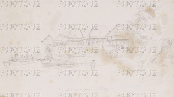 View of a settlement on the east coast of one of the Aru Islands, Southeast Moluccas, drawing, topographical view, annotation, draftsman (artist): Adrianus Johannes Bik, 1824, draftsman (artist), paper, pencil, pencil sketch on paper, height 186 mm x width 317 mm, A wide pencil sketch shows a coastal village scene with a row of stilted thatched-roof huts along the waterline, several small boats and outriggers moored or beached in front of them, and a few human figures near the boats and on the shore. The huts have steep layered roofs and open ground-level supports, with stacked objects visible under some of the structures, and one hut extends partially over the water. Boats of different shapes appear in the foreground, including a longer narrow boat with a mast and a smaller canoe-like boat, some with draped fabric or tarps. A solitary figure stands on the shore holding a rectangular object, while another figure walks near the huts and a group of people occupies one of the boats. To th...