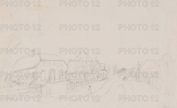 De Breesaap near Velsen, North Holland, drawing, topographical view, annotation: 'Sketch showing road, behind the Hof, on the Breesap, ± 1865, see above', draftsman (artist): Adrianus Johannes Bik, Velsen, c. 1865, draftsman (artist), inorganic material, paper, chalk, sketch in black chalk, height 192 mm x width 312 mm, A wide, light pencil sketch of a village street scene showing several buildings with pitched roofs and chimneys along both sides of a road, simple fences and gates in front of the houses, a small figure walking along the roadside, a distant cart on the road, faint outlines of trees and bushes lining the street, and open sky occupying the upper portion of the page.