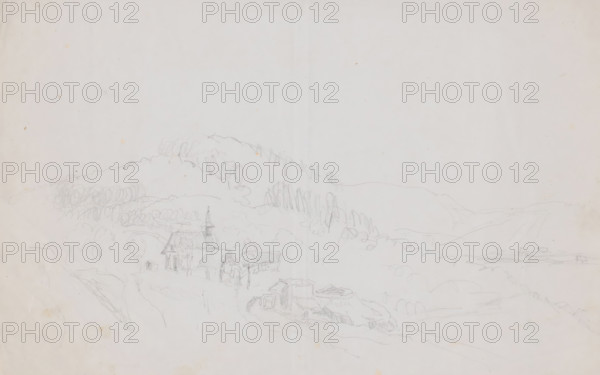 European (?) landscape with small church, drawing, draftsman (artist): Adrianus Johannes Bik, c. 1846 - c. 1872, draftsman (artist), paper, pencil, pencil sketch, height 212 mm x width 337 mm, A faint pencil sketch on pale paper showing a hillside landscape with loosely drawn trees and bushes, a small cluster of buildings including a structure with a pointed tower and pitched roofs, meandering paths and rough outlines of fields, distant hills along the horizon, and light smudges and creases on the paper surface.