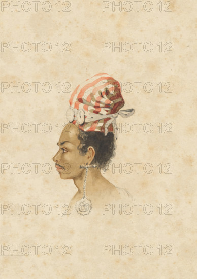 Portrait of a Timorese from Kupang, in profile, drawing, watercolor, topographical view, draftsman (artist): Ernest Alfred Hardouin, after drawing by Adrianus Johannes Bik, 1837 - c. 1854, draftsman (artist), paint (coating), paper, pencil, brush, over a sketch in pencil, height 205 mm x width 153 mm, A watercolor portrait of a person in profile facing left, showing a brown complexion, short curly dark hair, and a mustache, wearing a striped headwrap with alternating light and muted red bands tied with a knot and a small bow at the back, round decorative elements attached at the forehead, and a long dangling earring with a chain and an ornate pendant; the portrait is rendered on aged, spotted paper with a textured, yellowed background.