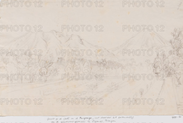 View of the Gedé and Pangrango volcanoes and country residence of the Governor General in Cipanas, Preanger, West Java, drawing, topographical view, inscription: 'The country house of the GG Governor General in Tjipanas, with the smoking G. gunung Gedé on the left, and the G. gunung Pangrango (right), probably 1845', draftsman (artist): Adrianus Johannes Bik, c. 1844 - c. 1846, draftsman (artist), Java, inorganic material, paper, chalk, sketch in black chalk, height 217 mm x width 347 mm, A wide pencil sketch showing a landscape with gently sloping fields and a row of trees in the foreground, a small rectangular building partially obscured by trees near the center, clusters of varied trees and foliage stretching across the middle ground, and two large mountain shapes rising in the background with a plume of smoke or cloud drawn above the left mountain; faint pathway lines lead toward the building, and additional trees and vegetation appear along the right edge.