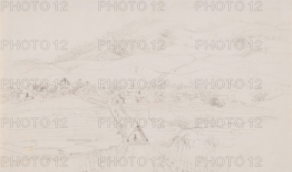 View of post road and village of Cidadap, Cirebon residence, West Java, drawing, topographical view, annotation: 'view of the kiekampung Tjidadap, and mountain pass of Telaga, over the Gie gunung Tjandana Cendana to Pendjala Panjalu, res. Cheribon', date: '14 Feb., 1836', draftsman (artist): Adrianus Johannes Bik, 1836-02-14, draftsman (artist), Java, paper, pencil, sketch in pencil, height 207 mm x width 342 mm, A wide pencil sketch of a hilly landscape with terraced fields in the foreground and rolling hills in the background, small clusters of trees and vegetation scattered across the middle ground, a narrow road leading toward a simple arched bridge or covered gateway with a figure standing beneath it, faint outlines of a few simple buildings or huts tucked among the trees, and soft, light pencil shading suggesting contours of the land and distant slopes.