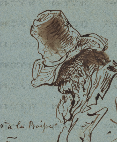 Tavenraat à la Blaisse, drawing, Self-portrait of Tavenraat à la Blaisse, with the face hidden under a top hat., annotation: ''à la Blaisse' Tavenraat', draftsman (artist): Johannes Tavenraat (signed by artist), 1840 - 1870, draftsman (artist), materials by function, paper, ink, pen, brush, pen and brush in brown on blue paper, height 103 mm x width 90 mm, Person, portrait, self-portrait of artist, hunter, A sepia ink sketch on muted blue paper depicting a head in profile wearing a loose, ruffled bonnet and layered clothing, rendered with flowing, varied lines and shaded washes; the bonnet has undulating edges and internal hatch marks, the face is outlined with a few contour strokes, and the clothing shows textured, crosshatched strokes and curving folds.