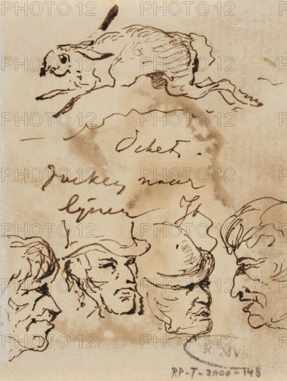 Heads, drawing, Sketches of heads and a hare. With the inscription 'searching for lines'., annotation: 'sketch, searching for lines JT', draftsman (artist): Johannes Tavenraat (signed by artist), 1840 - 1860, draftsman (artist), materials by function, paper, ink, brush, pen in brown, height 90 mm x width 71 mm, rodents: hare, A vertical sheet of aged paper with ink sketches showing a leaping rabbit near the top and several quick portrait sketches of faces and heads below, rendered in loose, flowing pen lines with visible ink blotches and smudges and areas of darker stains on the paper.