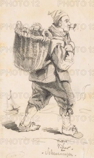 Fisherman - Scheveningen, drawing, Fisherman with basket on his back, pipe in his mouth, in Scheveningen., annotation: 'Fisherman - Scheveningen', draftsman (artist): Johannes Tavenraat, 1840 - 1880, draftsman (artist), paper, pencil, pencil on thin paper, height 173 mm x width 103 mm, sea and coastal fishery (men (labourers)), Scheveningen, A charcoal sketch of a person seen in profile walking to the right, wearing a cap with a small tassel, a scarf around the neck, a loose jacket with rolled or puffed sleeves, baggy knee-length trousers tied at the calves, and simple shoes with visible laces; the person carries a large woven basket on the back filled with rounded items and wrapped cloth, and holds an object near the mouth; visible ground shading beneath the feet and a small sketched sailboat in the background.