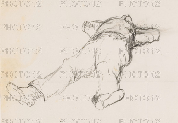 Lying man, drawing, Man, lying on his back, hands under his head., draftsman (artist): Johannes Tavenraat, 1840 - 1880, draftsman (artist), paper, pencil, height 140 mm x width 213 mm, lying on the back with hands under the head, A pencil sketch on light paper depicting a reclining human figure drawn from a top-down perspective, showing the back, shoulders, and legs with loose, gestural lines; the head is turned slightly to the side and rests near an arm, clothing folds and contours are suggested with varied line weight, and the paper has subtle discoloration and faint smudges.