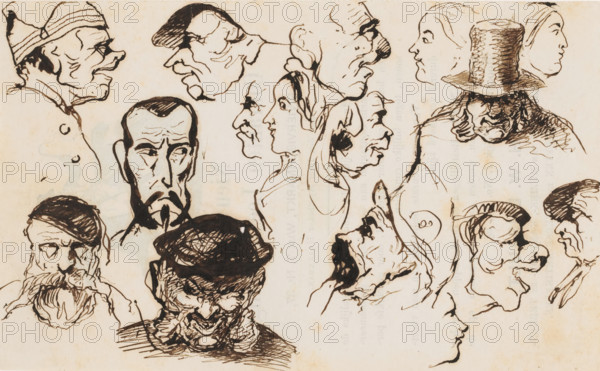 Heads, drawing, Sketch sheet with caricatured heads. Drawn on the back of an advertising print of the 'Nieuwe Couranten Leesinrigting'., draftsman (artist): Johannes Tavenraat, 1840 - 1880, draftsman (artist), materials by function, paper, ink, pen, brush, pen and brush in brown, height 107 mm x width 173 mm, caricatures (human types), Ink sketches of various human faces and head profiles arranged across a mottled light background, drawn in a loose, expressive style. The faces show a range of angles and expressions, including side profiles, three-quarter views, and frontal portraits. Many heads feature prominent noses, chins, and exaggerated facial lines; some have facial hair like beards and mustaches, while others are clean-shaven. Several figures wear head coverings such as caps, a tall brimmed hat, and a textured cap, and one figure has long hair flowing down. Lines vary from fine contours to dense, dark shading, with crosshatching used to indicate shadow on some faces and hats. Th...