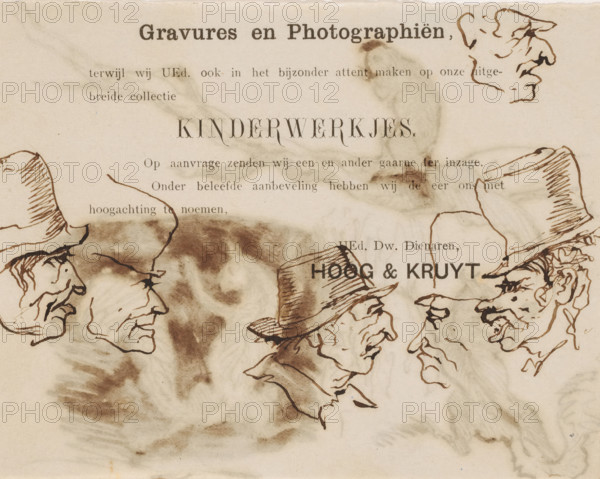 Heads, drawing, Sketch sheet with heads. Drawn on advertising print for 'Engravings and Photographs' and 'Children's Work' by 'Hoog & Kruyt'., draftsman (artist): Johannes Tavenraat, publisher: Hoog & Kruyt, 1840 - 1880, Johannes Tavenraat, Hoog & Kruyt, draftsman (artist), publisher, materials by function, paper, ink, pen, pen in brown, height 105 mm x width 134 mm, caricatures (human types), A sepia-toned sheet with ink wash stains and several pen-and-ink sketch profiles of older men wearing top hats, arranged facing each other across the page, with visible hat brims, pointed noses, and lined facial features; the paper shows uneven discoloration, smudges, and darker blotches around the center and edges.