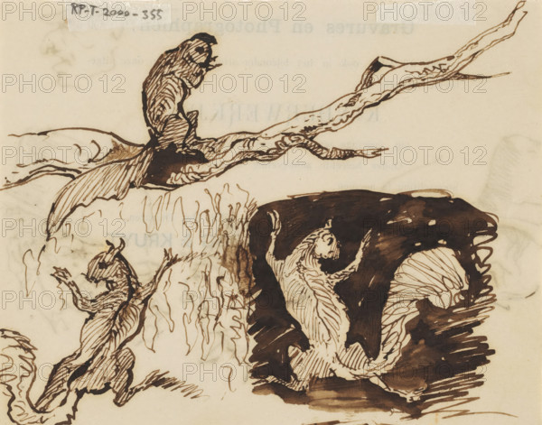 Squirrel, drawing, Three sketches of a squirrel. Drawn on the back of advertising print for 'Engravings and Photographs' and 'Children's Work' by 'Hoog & Kruyt'., draftsman (artist): Johannes Tavenraat, 1840 - 1880, Johannes Tavenraat, draftsman (artist), materials by function, paper, ink, pen, pen in brown, height 105 mm x width 134 mm, rodents: squirrel, A sepia ink drawing on aged paper showing detailed, flowing lines that form organic shapes and animal-like figures; a branch extends diagonally with textured bark, and perched on it is a small, curled creature with fur indicated by hatch marks; below and to the right a large, dark, rounded form with sweeping ink washes and lined contours suggests layered folds and plumage, with adjacent feather-like shapes rendered in fine parallel lines; to the left several smaller, dynamic animal sketches appear in various poses, their bodies and limbs defined by energetic pen strokes and cross-hatching, all set against a lightly stained background...