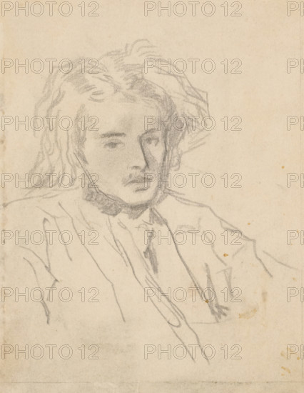 Portrait study of a young man with wild hair, drawing, draftsman (artist): Matthijs Maris, after 1849 - before 1917, draftsman (artist), paper, pencil, height 160 mm x width 130 mm, A pencil sketch on aged paper showing the portrait of a person from the shoulders up, with loosely drawn tousled hair, shaded facial features including eyes, nose, and mouth, and softer shading around the jaw and neck; simple, suggestive lines depict a draped garment over the shoulders and upper chest, while the background remains plain and mostly unmarked.