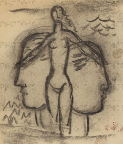 Female nude, Paul Fierens 'L'Art Hollandais contemporain', drawing, study for binding design, Female nude between two faces in profile, design for book cover Paul Fierens 'L'Art Hollandais contemporain'., draftsman (artist): Leo Gestel, 1933, draftsman (artist), coal, organic material, paper, charcoal stick, charcoal drawing, height 202 mm x width 175 mm, A charcoal drawing on beige paper shows a simplified nude female figure frontally with elongated limbs and a rounded torso, her head rendered with minimal facial features and wavy hair falling to one side; large, rounded abstract shapes flank her body on both sides, each containing a profile of a human face looking outward, with one profile showing a pronounced nose and lips and the other a softer silhouette; loose, gestural shading and curved strokes create a sense of shadow and movement around the figures, with additional quick marks suggesting waves or clouds in the upper right and angular mountain-like strokes in the lower left, a...