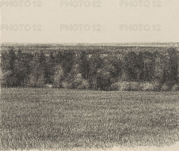 Veld en boschage, drawing, signature: 'KEES STOOP', draftsman (artist): Kees Stoop (signed by artist), 1939 - 2009, draftsman (artist), coal, organic material, paper, charcoal stick, charcoal, height 235 mm x width 283 mm, groups or trees, A wide horizontal composition showing a pale upper area and three darker textured horizontal bands below it, the bands created with dense, grainy marks that vary in darkness and create a rough, stippled surface, with the darkest band near the top of the darker region and progressively lighter, more textured bands beneath, all rendered in monochrome on a lightly toned background.