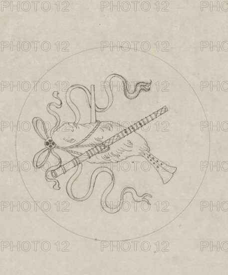 Design for marquetry of musical instrument(s) suspended by ribbons in a round medallion, Le Samara el Kurbe Egyptien et la halamanie turc, design drawing, One of 103 designs for marquetry of musical instruments suspended by ribbons in round medallions, intended for the set of chairs made by Van Doren for the great hall of the Palace of the Prince of Orange in Brussels in 1828., inscription: 'Le Samara el Kurbe Egyptien et la halamanie turc', watermark, draftsman (artist): Pierre Félix van Doren, Brussels, in or before 1828, draftsman (artist), mineral, inorganic material, materials by function, paper, ink, graphite (mineral), pen in black ink, pen in black ink over sketch in graphite, height 253 mm x width 208 mm, diameter 123 mm, trophy, ie: decorative arrangement of symbolic or typical objects, ornament, bagpipe, musette, Royal Palace (Brussels), A circular pencil drawing on faint beige paper showing a central bundle of objects tied together with a twisted rope, including a cylindric...