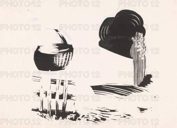 Basket, fence and cloud, drawing, book illustration (design), c. 1920 - c. 1970, draftsman (artist), paper, paint (coating), deck paint, printing, brush, print updated with black brush and white opaque paint, height 162 mm x width 251 mm, fence, wall, paling, clouds, A high-contrast abstract composition on a pale background featuring irregular black shapes and brush strokes; on the left a rounded, bowl-like black form with white highlights and parallel hatch marks, below it vertical and horizontal fragmented grid-like strokes, and scattered short marks; on the right a larger solid black rounded mass with curved white highlights sitting above a tall vertical area of thin parallel lines and broken white patches, with angled black streaks beneath it and isolated small black marks around the lower area.