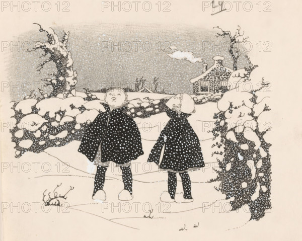 Boy and girl in the snow, drawing, book illustration (design), A boy and girl dressed in winter coats stand in a snowy landscape and look at the sky. In the background a house with a smoking chimney., number: '24', :, c. 1890 - c. 1930, draftsman (artist), paint (coating), ink, materials by function, paper, India ink (ink), pencil, deck paint, pen, brush, pen and brush in India ink with pencil, corrections with white gouache, height 159 mm x width 171 mm, farm or solitary house in landscape, snow, Two children stand in a snowy landscape facing upward, wearing dark cloaks patterned with light dots and matching dotted stockings, with visible shoes and one child's hair in curls; snow-covered bushes and twisted bare trees frame the scene, and a small stone cottage with a chimney and a window sits in the background under a sky filled with falling snow and a small cloud.