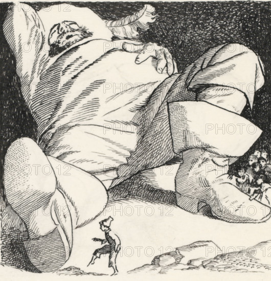 Sleeping Gulliver, drawing, book illustration (design), Gulliver is lying on his back on the ground sleeping. A group of Lilliputians is watching from his boot. One boy is sneaking past in the foreground., :, c. 1895 - c. 1905, draftsman (artist), ink, materials by function, paper, India ink (ink), pencil, pen, pen in Indian ink over pencil, height 99 mm x width 98 mm, Possibly a design for Gulliver's Travels to Lilliput by Jonathan Swift. The book was published in the period 1889-1904 by Uitgeversmaatschappij LJ Veen in Amsterdam., sleeping on the ground, Gulliver, A black and white pen drawing shows large reclining figures with draped fabric and rounded forms filling most of the upper area, drawn with fine crosshatching and contour lines; one visible hand rests on a rounded surface and part of a face with closed eyes and a beard is partially shown near the top; a small standing figure in a pointed hat and simple clothes appears near the bottom, walking among scattered rocks and pebbl...