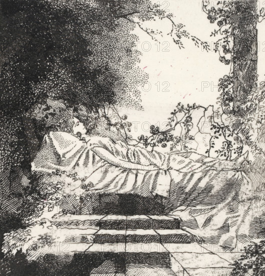 Sleeping Beauty, drawing, book illustration (design), A stone staircase leads to a raised platform where Sleeping Beauty lies sleeping in the open air among trees and bushes., annotation: 'doornroosje', c. 1900 - c. 1950, draftsman (artist), ink, materials by function, paper, India ink (ink), pen, pen in Indian ink, height 94 mm x width 92 mm, Design for the fairy tale Sleeping Beauty Charles Perrault., A detailed black and white ink drawing shows a stone stairway leading upward through a natural setting, with patterned shading on the steps and surrounding ground; dense foliage and textured tree trunks frame the scene on both sides, including a large dark leafy mass at the top left and a tall trunk with vines and small rounded leaves at the right edge; flowing drapery or cloth-like forms lie across a raised surface near the top of the steps, with fine linework suggesting folds and creases; small flowering vines and clustered buds trail across the middle area, and dot-like stippling fil...