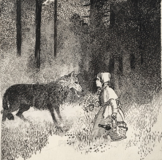 Little Red Riding Hood and the Wolf, drawing, book illustration (design), In the forest, Little Red Riding Hood stands opposite the wolf. She carries a full basket in one hand and a bunch of flowers in the other., annotation: 'Little Red Riding Hood', c. 1900 - c. 1950, draftsman (artist), ink, materials by function, paper, India ink (ink), pen, pen in Indian ink, height 94 mm x width 92 mm, Design for the fairy tale Little Red Riding Hood by Charles Perrault., tales and fairy tales: Little Red Riding-hood, A black ink drawing shows a person wearing a dress and bonnet seated or crouched with a basket at their feet, facing a large dog or wolf with its head lowered toward them; the background features densely hatched and stippled trees and foliage, and the ground is filled with varied short linear grass strokes.