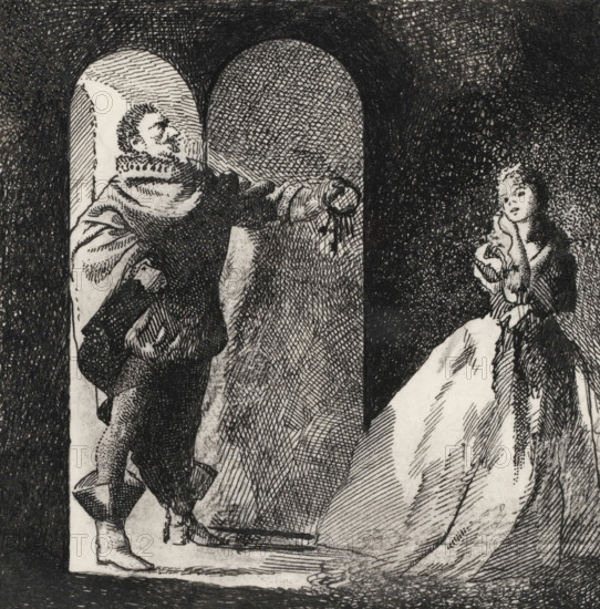 Bluebeard offers his wife a bunch of keys, drawing, book illustration (design), Bluebeard stands in a doorway with his right hand on his hip and holds a bunch of keys out to his wife with his left hand., annotation: 'Bluebeard', c. 1900 - c. 1950, draftsman (artist), ink, materials by function, paper, India ink (ink), pencil, pen, pen in Indian ink over pencil, height 91 mm x width 93 mm, Design for the fairy tale Bluebeard by Charles Perrault., key, tales and fairy tales (with TITLE), A dark ink drawing shows a robed man standing in an arched doorway on the left, his profile visible with a beard and a high ruffled collar, one arm extended into the arch while the other holds a small object near his waist; textured crosshatching fills the arch and surrounding background. On the right, a seated woman in a light dress with long dark hair looks toward the man, her hands clasping fabric at her chest, and she sits against a heavily stippled and crosshatched dark backdrop. The floor and lower...