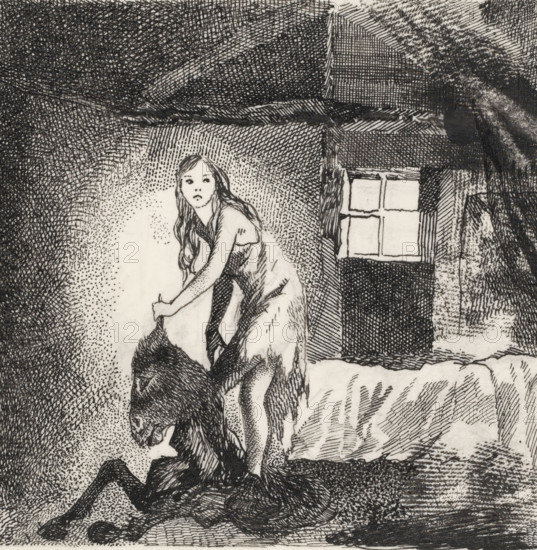 Princess with the skin of a donkey, drawing, book illustration (design), A princess stands in a room. She is wearing a tattered short dress. In front of her on the floor lies the skin of a donkey, which she picks up by the animal's ears., annotation: 'Donkey Skin', c. 1900 - c. 1950, draftsman (artist), ink, materials by function, paper, India ink (ink), pencil, pen, pen in Indian ink over pencil, height 94 mm x width 95 mm, Design for the fairy tale Donkey Skin by Charles Perrault., ass, donkey, tales and fairy tales, A black and white ink drawing shows a young woman with long hair wearing a simple dress, leaning forward and holding the horns of a reclining goat; the goat lies on the ground with its head turned and legs folded. Behind them is a textured interior wall with crosshatched shading and a window with four panes set into a thick frame. The scene is rendered with dense stippling and crosshatching, creating varied tones across the ceiling, walls, and floor. The woman's facial f...