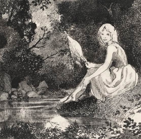 Griseldis sitting by a brook, drawing, book illustration (design), annotation: 'griseldis', c. 1900 - c. 1950, draftsman (artist), ink, materials by function, paper, India ink (ink), pencil, pen, pen in Indian ink over pencil, height 88 mm x width 96 mm, Design for the medieval folk tale Griseldis, which is about a woman who undergoes various trials to test her patience and forbearance., tales and fairy tales, A black and white ink drawing showing a seated young woman in a flowing dress beside a body of water, her arm extended toward a long-legged bird standing at the water's edge; the scene is filled with dense, textured foliage and trees behind them rendered with stippling and cross-hatching, rocky ground and grassy plants in the foreground, and a patterned surface of the water reflecting fine line work.