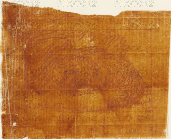Reclining dog, tracing, The calque is loose in the album, see page 27., maker: Cornelis Brouwer (possibly), after drawing by Frans van Mieris, supervision: Cornelis Ploos van Amstel, Amsterdam, 1777, paper, transparent paper, inorganic material, tracing paper, chalk, red chalk on tracing paper, height 91 mm x width 119 mm, About the calques of Ploos van Amstel see LNP, p. 201., dog, A rectangular piece of worn brown paper with a rough torn top edge and frayed left edge fills the frame, showing vertical and horizontal creases and areas of lighter and darker brown discoloration; faint purple sketch lines and circular scribbled shapes are visible beneath the surface, and white fibrous streaks and small worn holes appear along the left margin and scattered across the surface, with the paper sitting against a pale off-white background.