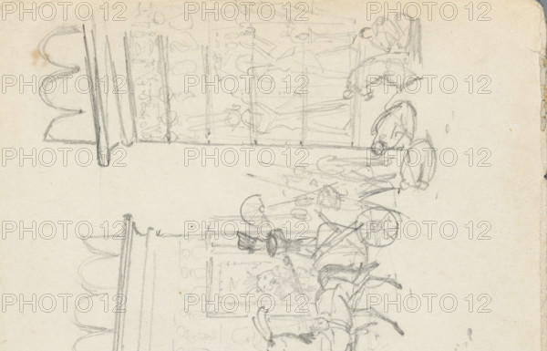 The entry of a monarch, sketchbook page, inscription: 'Gournah', draftsman (artist): Willem de Famars Testas, Egypt, c. 1858 - c. 1859, draftsman (artist), North Africa, pencil, height 191 mm x width 126 mm, A pencil sketch of a street scene with architectural facades topped by rounded crenellations and faint cloudlike shapes above, featuring a chariot drawn by two horses with a driver and a figure behind holding a parasol, several small human figures in various poses including standing, kneeling, and lying on the ground, a raised platform or tomb on the left with a reclining figure, a tall columned structure on the right with loosely sketched figures and objects on its surfaces, and scattered simple lines indicating ground and background details.