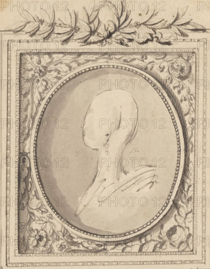 Design for a frame for a portrait or cameo, with four alternative corner solutions, drawing, collector's mark: 'Lodewijk Houthakker (L. 3893)', watermark: 'richly decorated coat of arms with crossed staffs (?)', draftsman (artist): attributed to Jean Louis Prieur (II), Paris, c. 1765 - c. 1775, Jean Louis Prieur (II), draftsman (artist), Attributed to, keratinous material, feather (material), biological material, materials by function, pen (feather), ink, brush, pen and black ink, brush in grey, height 186 mm x width 145 mm, A pencil and ink drawing of an oval framed portrait set within a decorative rectangular border, showing a simplified profile sketch of a human head and upper torso with minimal facial detail and visible shoulder lines, the oval surrounded by a beaded inner rim and ornate floral and foliate ornamentation in the corners and along the sides, with a sprig of leaves and blossoms sketched across the top edge; the paper has an aged, slightly stained appearance and the dra...
